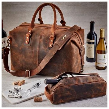 Genuine Buffalo Leather 6-Bottle Weekender Wine Bag With Single Bottle Carrier, Corkscrew & Aerator - Personalized by Wine Enthusiast