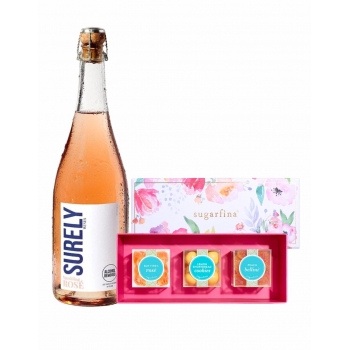 Surely Wines Non-Alcoholic Sparkling Rosé with Sugarfina Watercolor 3 Piece Bento Box